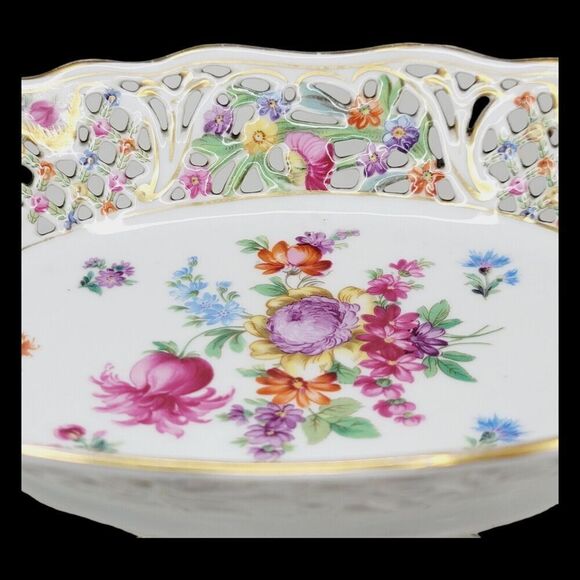 Dresden Schumann Bavaria Candy Fruit Footed Pedestal Oval Floral Bowl Compote - Picture 9 of 16